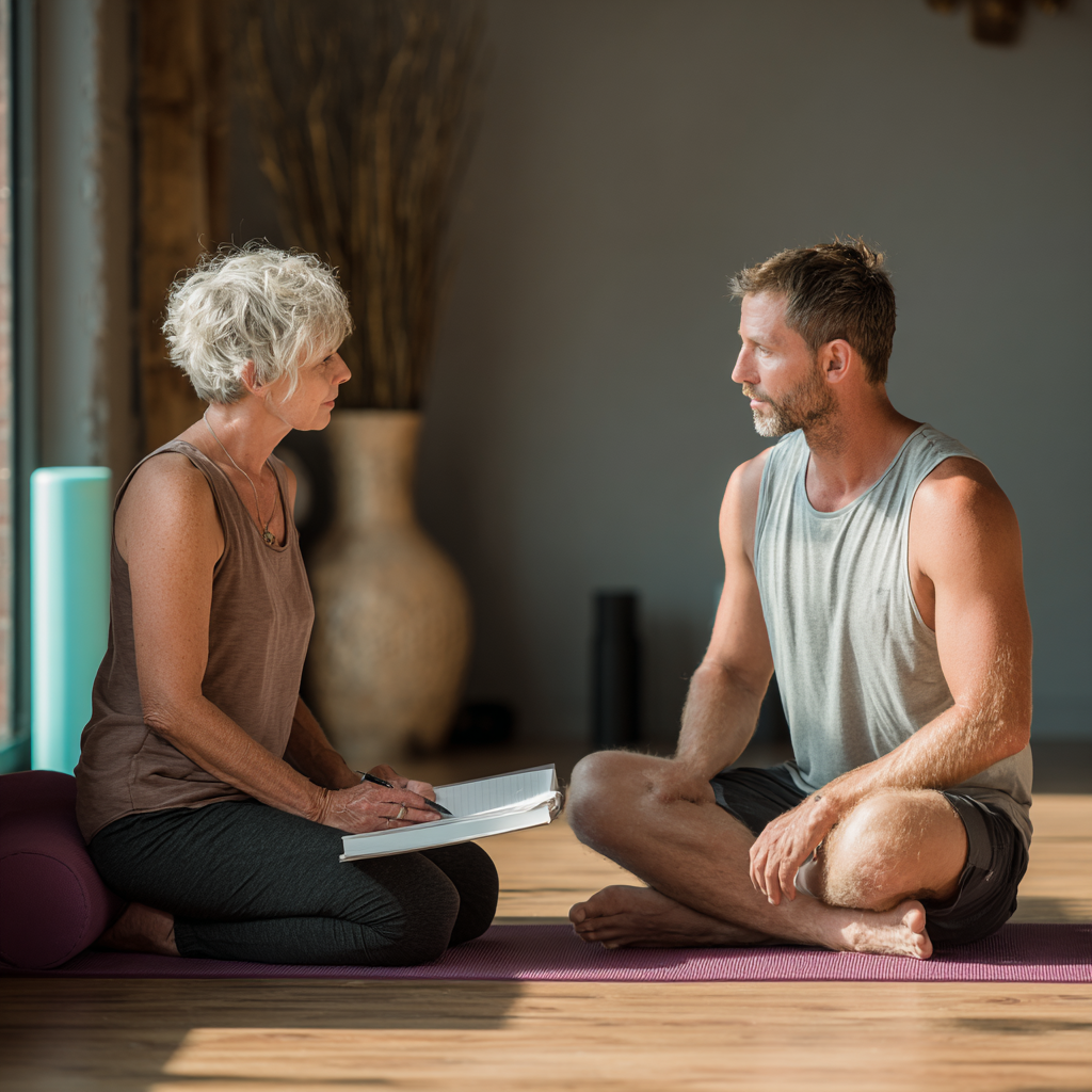 Experienced yoga instructor providing guidance to mature student in peaceful studio setting