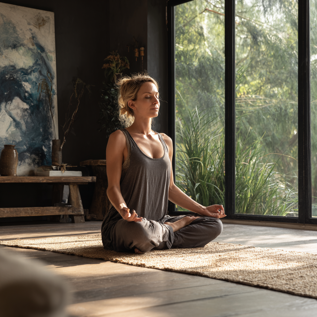 Peaceful meditation space with mature woman practicing yoga in serene environment